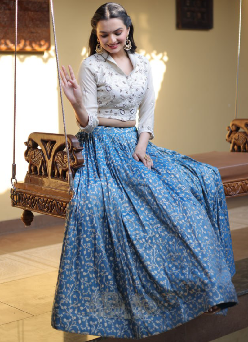 Dusty Blue Beads Embroidered Wedding Wear Jacquard Lehenga Choli