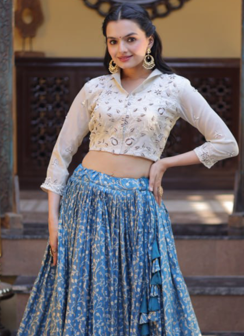Dusty Blue Beads Embroidered Wedding Wear Jacquard Lehenga Choli