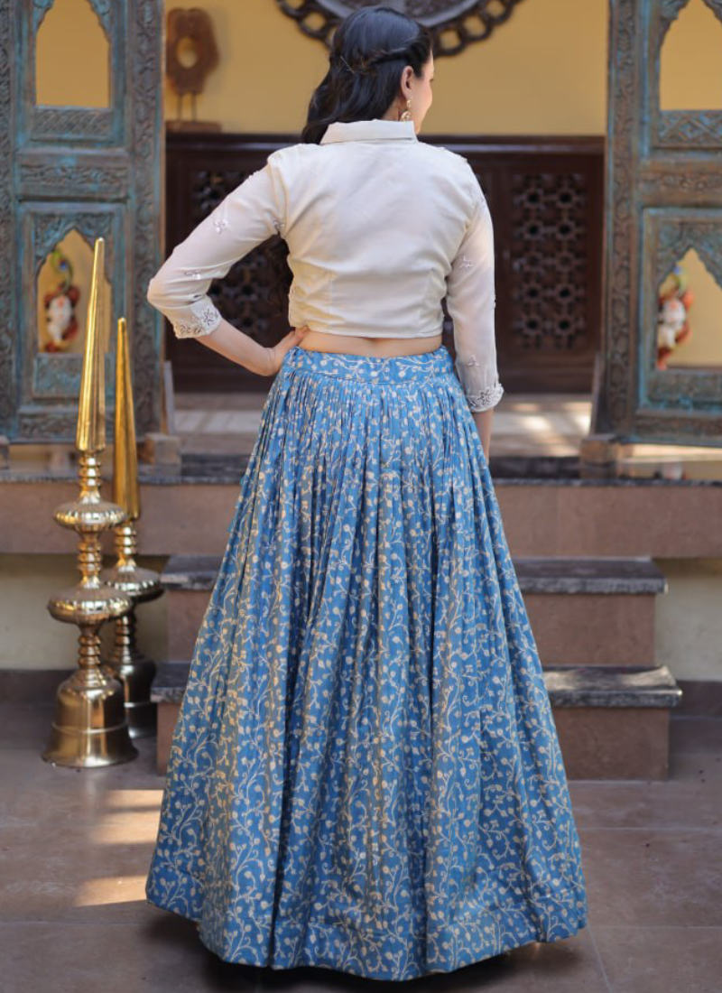 Dusty Blue Beads Embroidered Wedding Wear Jacquard Lehenga Choli