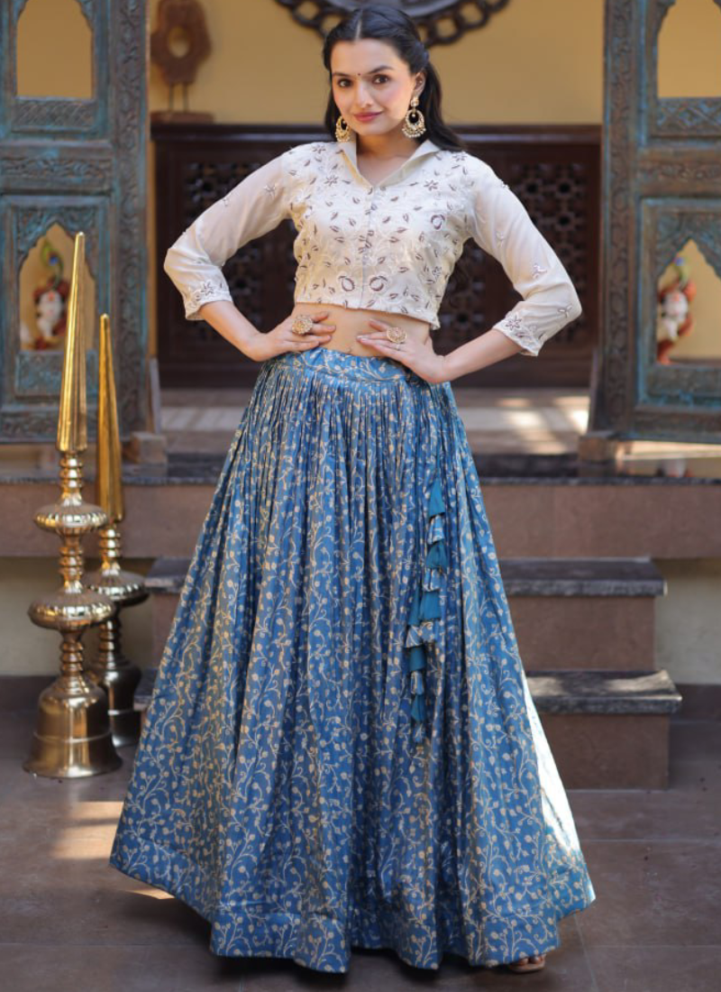 Dusty Blue Beads Embroidered Wedding Wear Jacquard Lehenga Choli