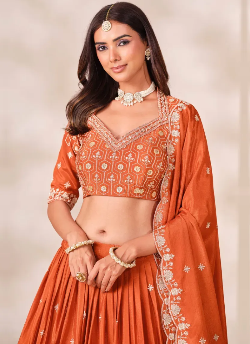 Elegant Chinon Sequence Embroiderd Orange Wedding Lehenga For Women