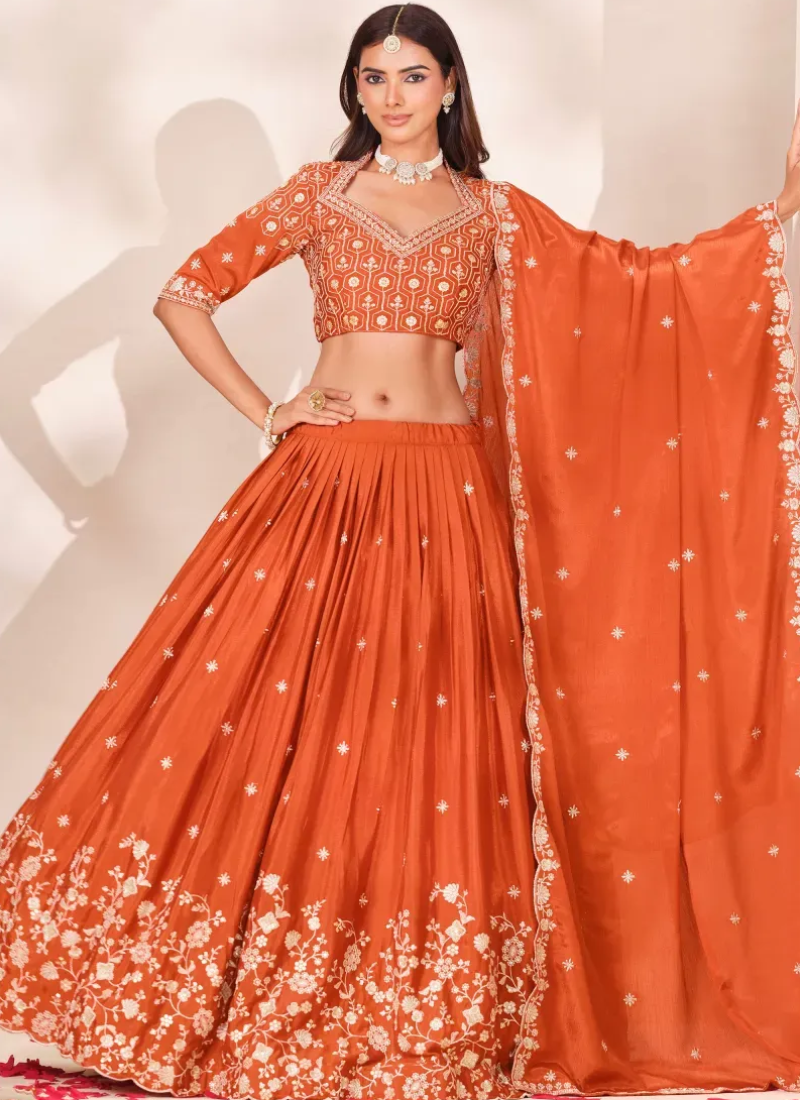 Elegant Chinon Sequence Embroiderd Orange Wedding Lehenga For Women
