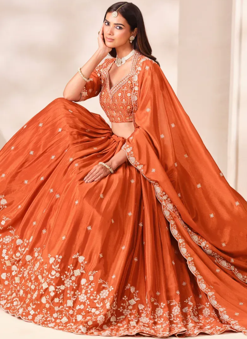 Elegant Chinon Sequence Embroiderd Orange Wedding Lehenga For Women