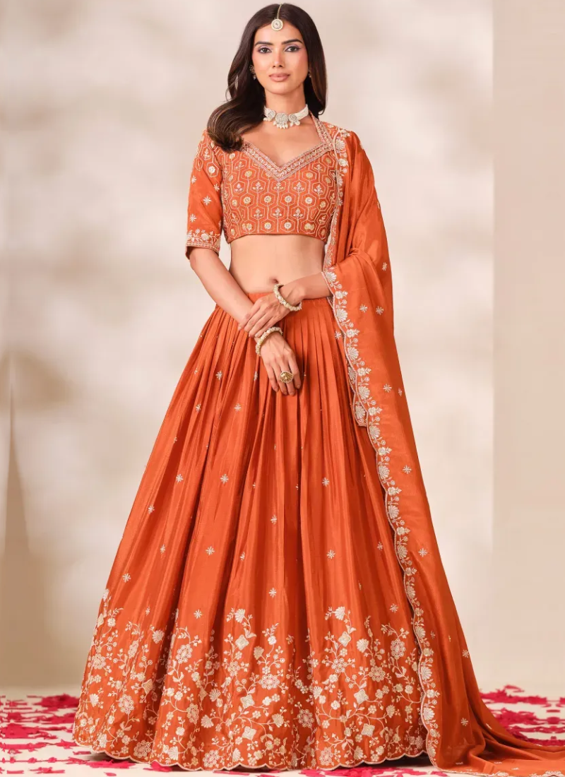 Elegant Chinon Sequence Embroiderd Orange Wedding Lehenga For Women