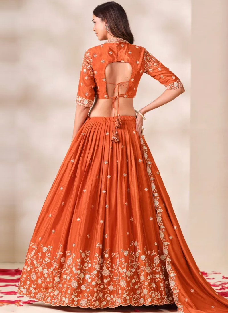 Elegant Chinon Sequence Embroiderd Orange Wedding Lehenga For Women