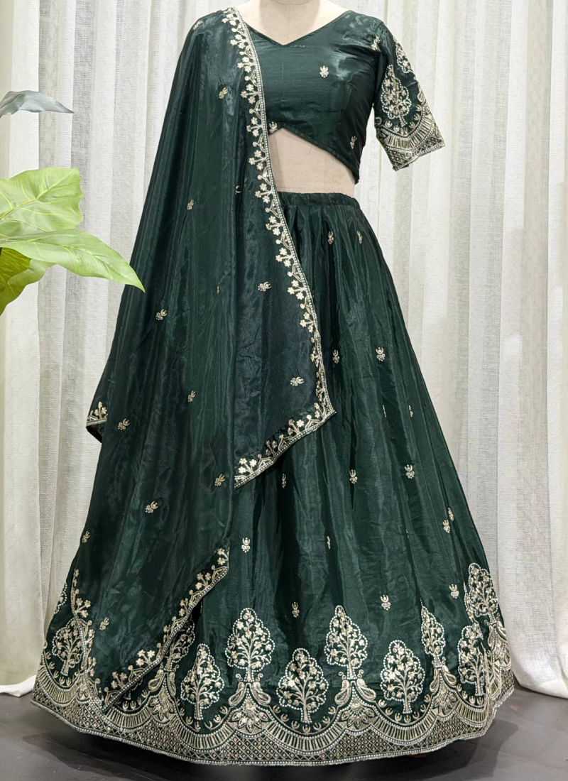 Elegant Dark Green Embroidered Sequence Work Chinon Lehenga Choli Set