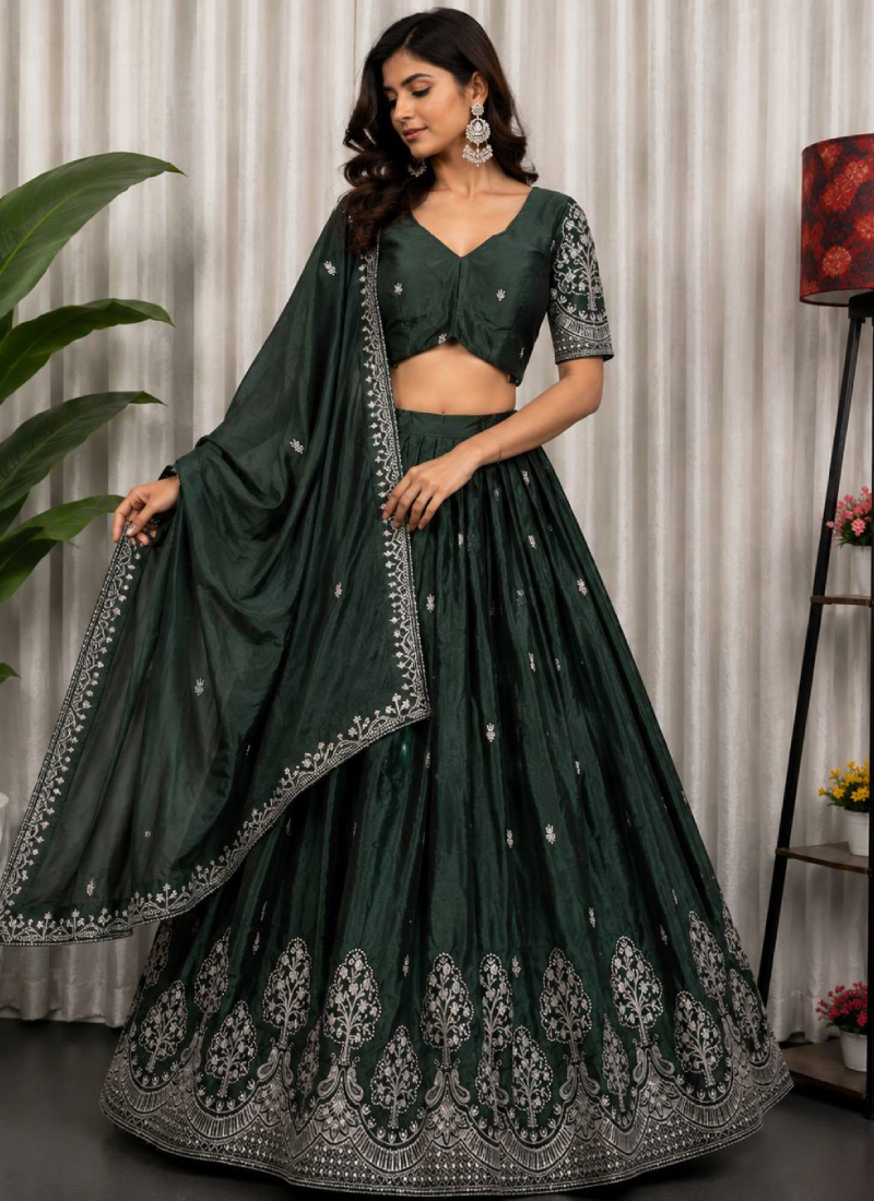 Elegant Dark Green Embroidered Sequence Work Chinon Lehenga Choli Set