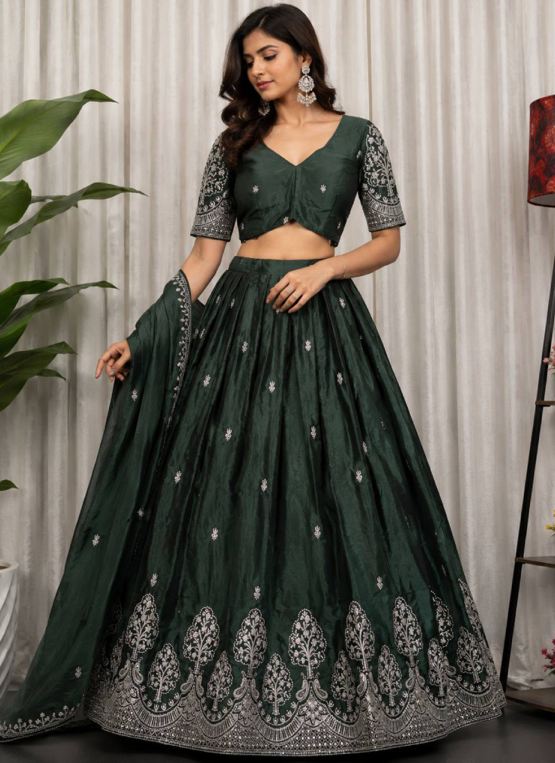 Elegant Dark Green Embroidered Sequence Work Chinon Lehenga Choli Set