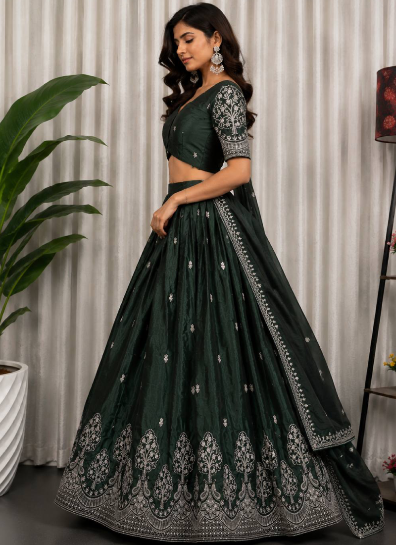 Elegant Dark Green Embroidered Sequence Work Chinon Lehenga Choli Set