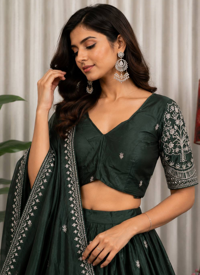Elegant Dark Green Embroidered Sequence Work Chinon Lehenga Choli Set