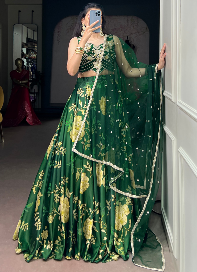 Elegant Floral Printed Green Satin Silk Embroidered Lehenga Choli