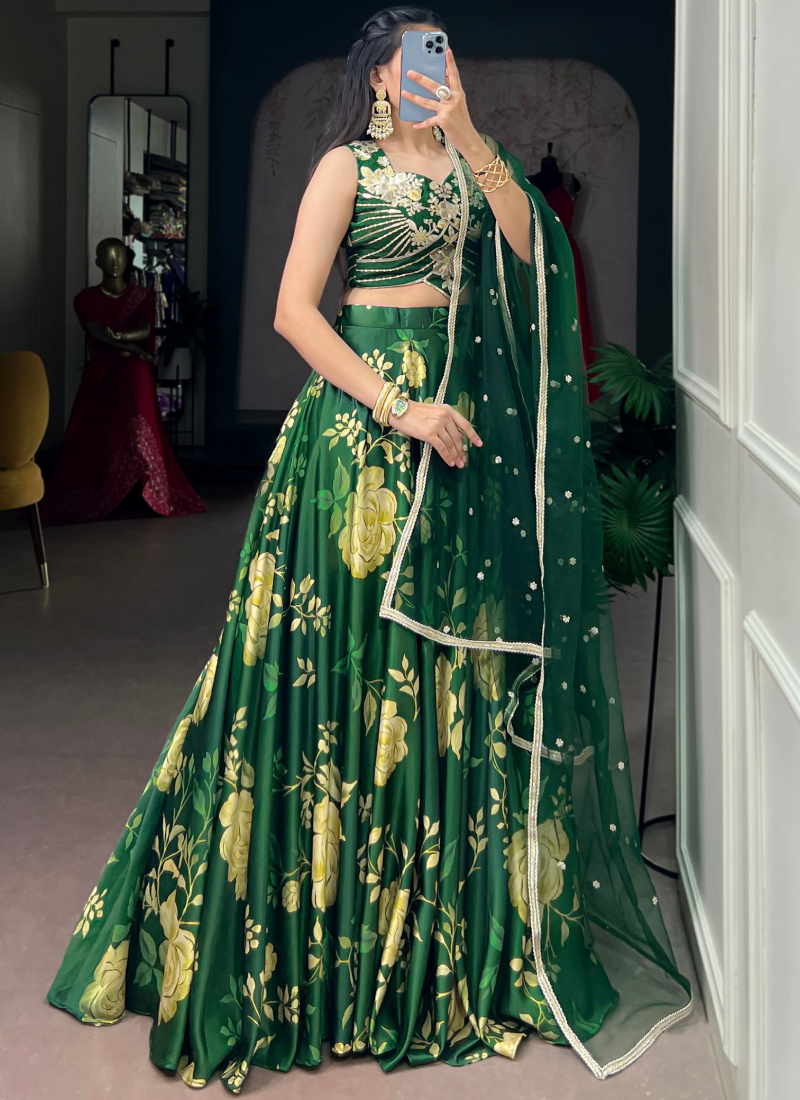 Elegant Floral Printed Green Satin Silk Embroidered Lehenga Choli