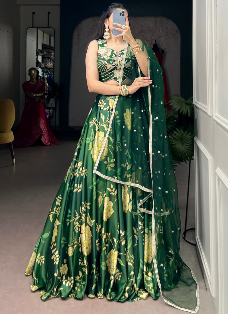 Elegant Floral Printed Green Satin Silk Embroidered Lehenga Choli