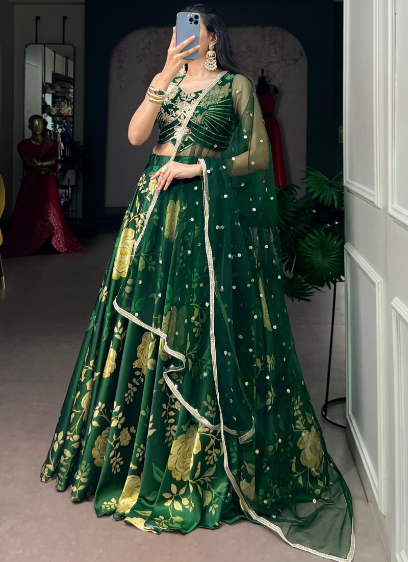 Elegant Floral Printed Green Satin Silk Embroidered Lehenga Choli
