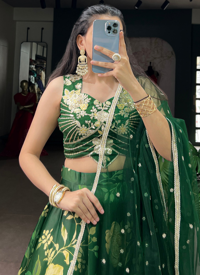 Elegant Floral Printed Green Satin Silk Embroidered Lehenga Choli