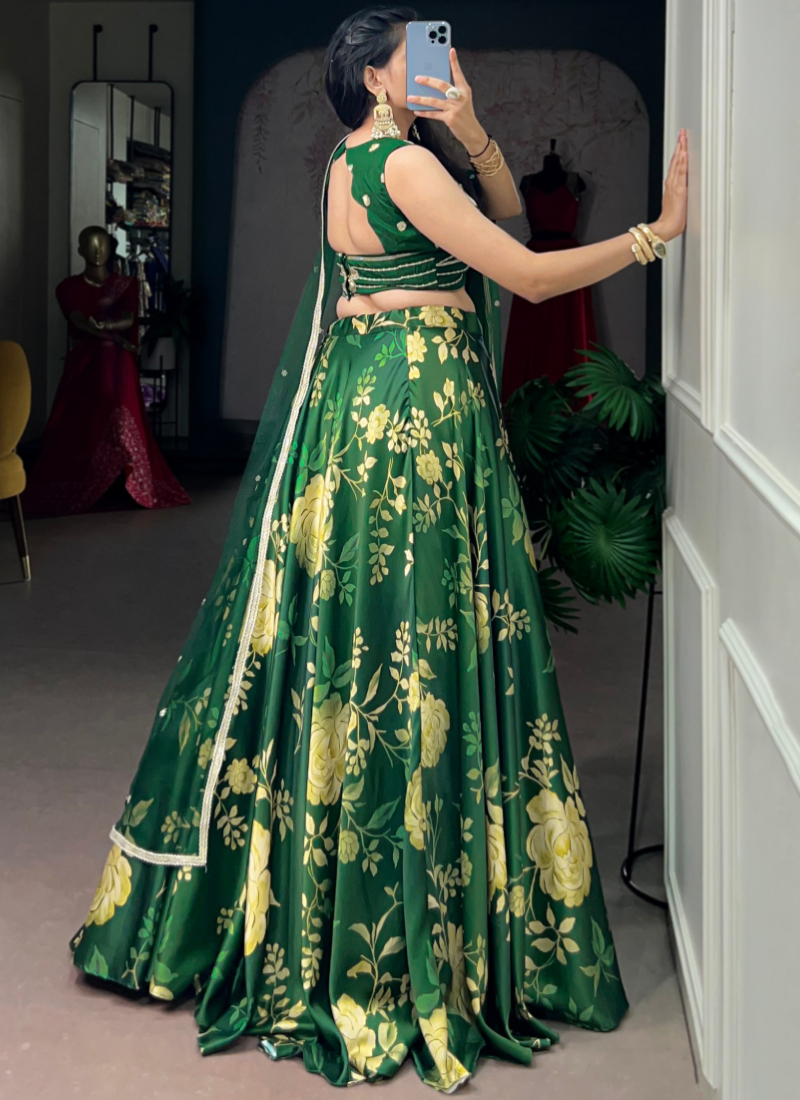 Elegant Floral Printed Green Satin Silk Embroidered Lehenga Choli