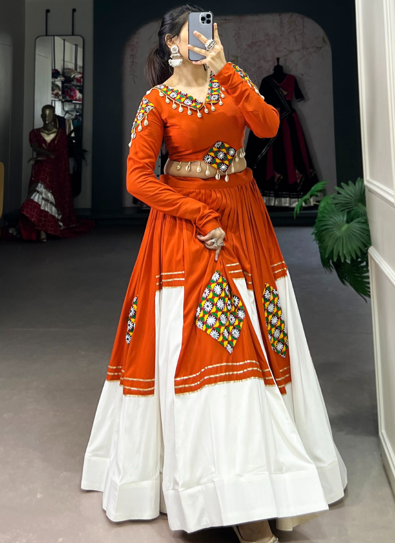 Elegant Rayon Orange White Gota Patti Gamthi Lehenga Choli For Women