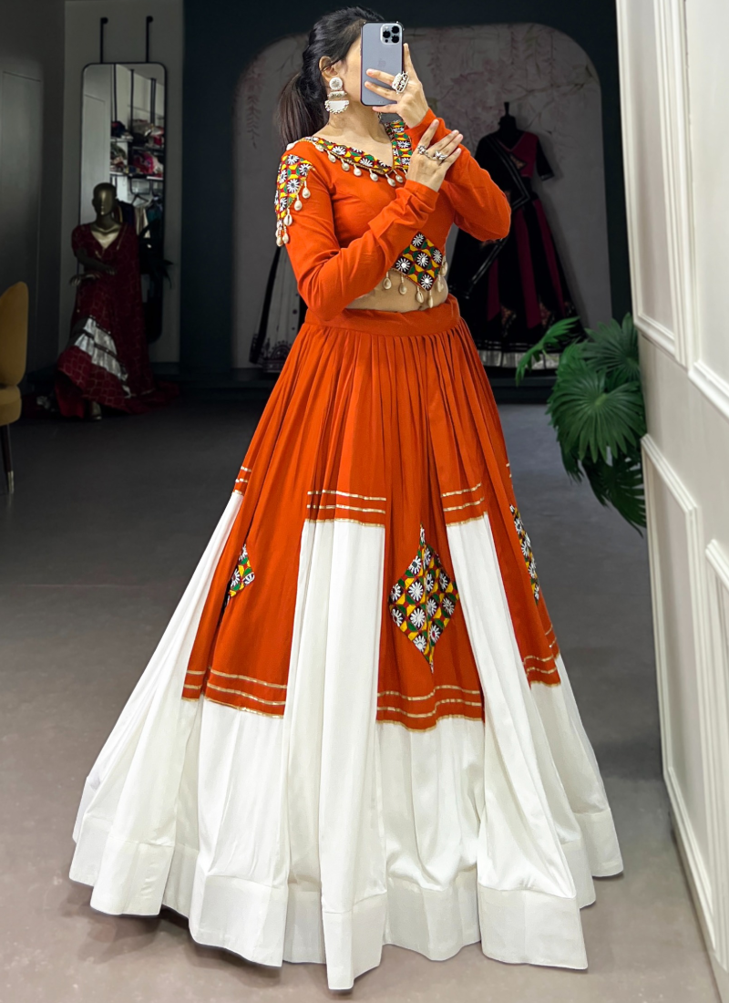 Elegant Rayon Orange White Gota Patti Gamthi Lehenga Choli For Women