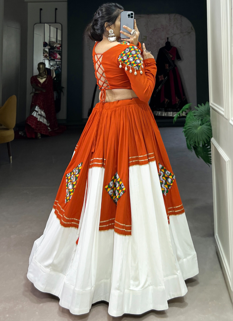 Elegant Rayon Orange White Gota Patti Gamthi Lehenga Choli For Women