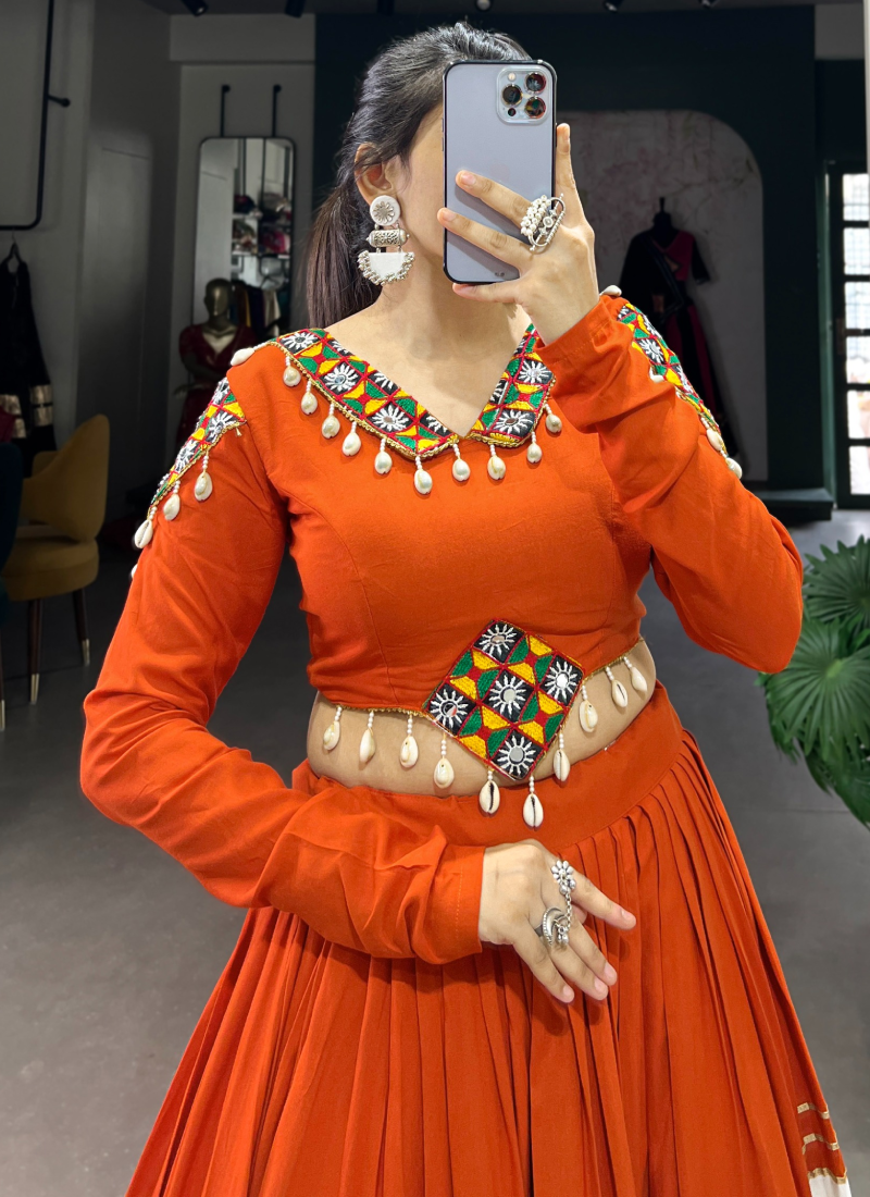 Elegant Rayon Orange White Gota Patti Gamthi Lehenga Choli For Women
