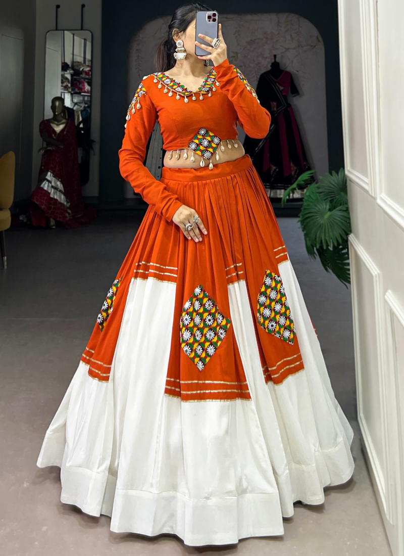 Elegant Rayon Orange White Gota Patti Gamthi Lehenga Choli For Women