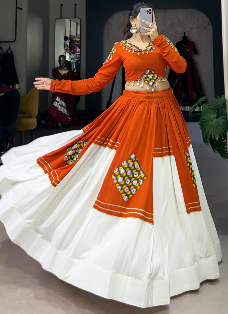 Elegant Rayon Orange White Gota Patti Gamthi Lehenga Choli For Women