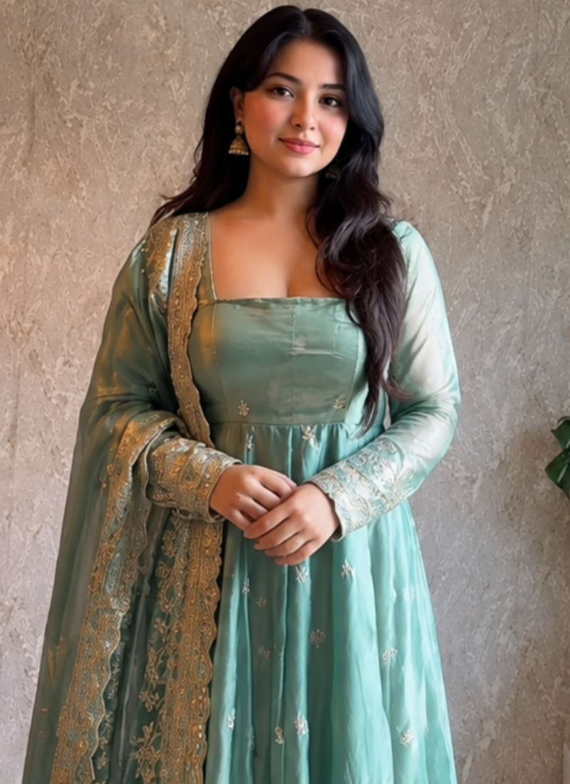 Elegant Sea Green Anarkali Gown With Fandy Silk Sequence Embroidery