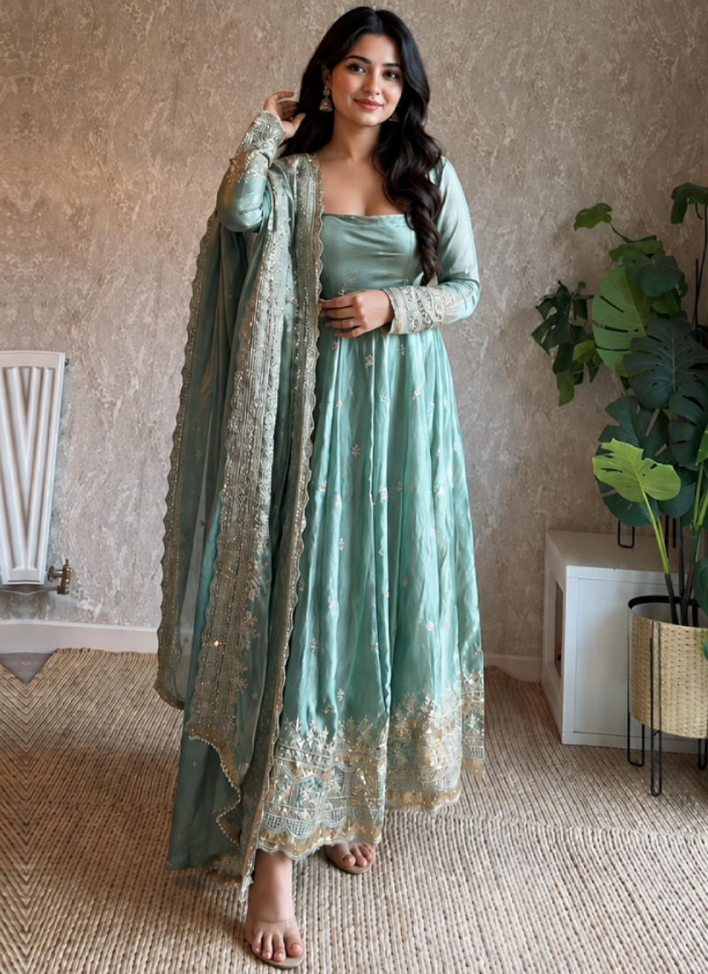Elegant Sea Green Anarkali Gown With Fandy Silk Sequence Embroidery