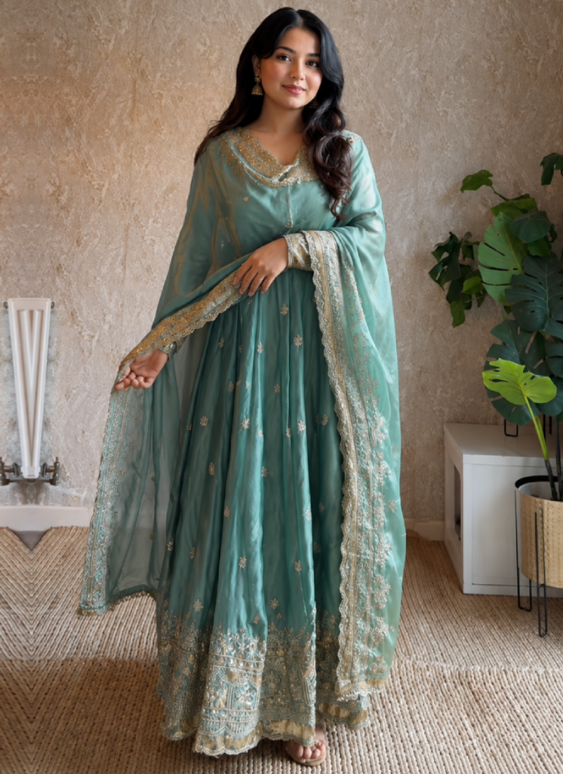 Elegant Sea Green Anarkali Gown With Fandy Silk Sequence Embroidery