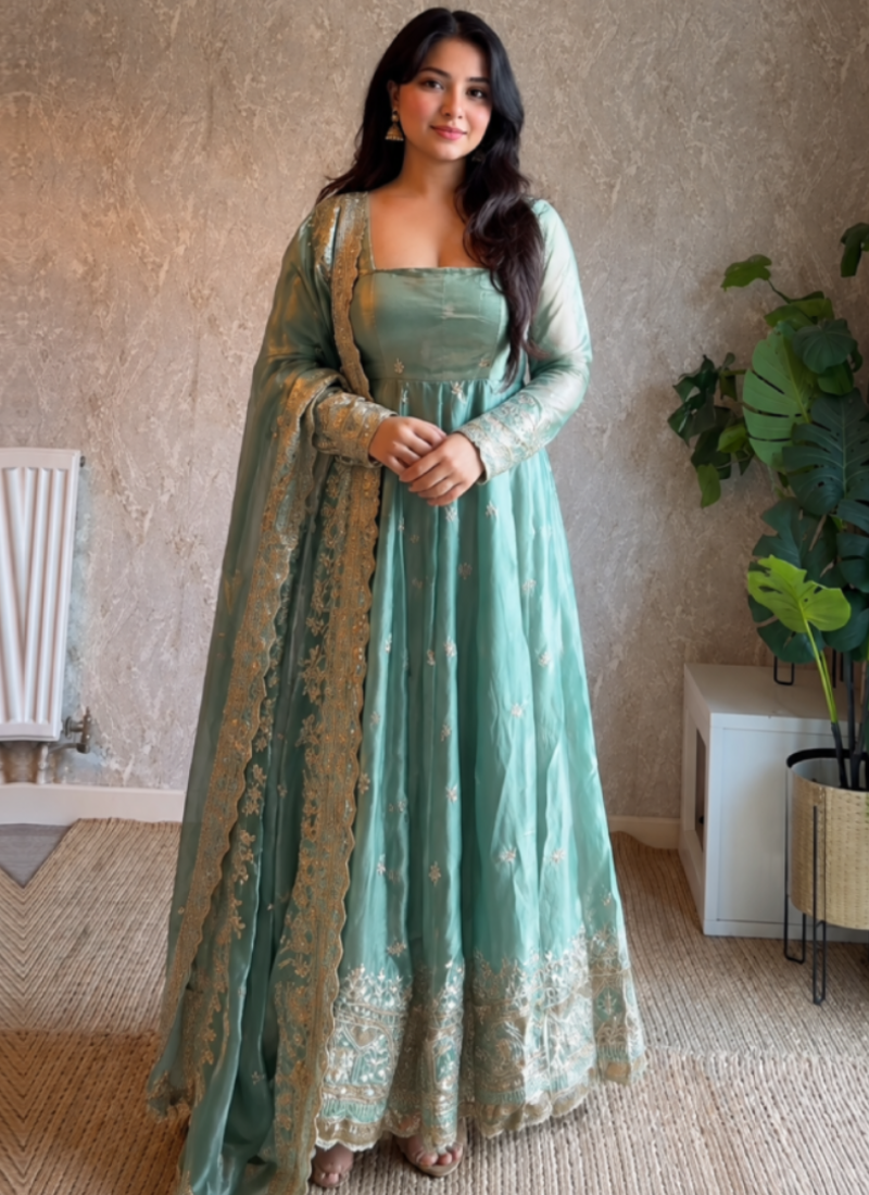 Elegant Sea Green Anarkali Gown With Fandy Silk Sequence Embroidery