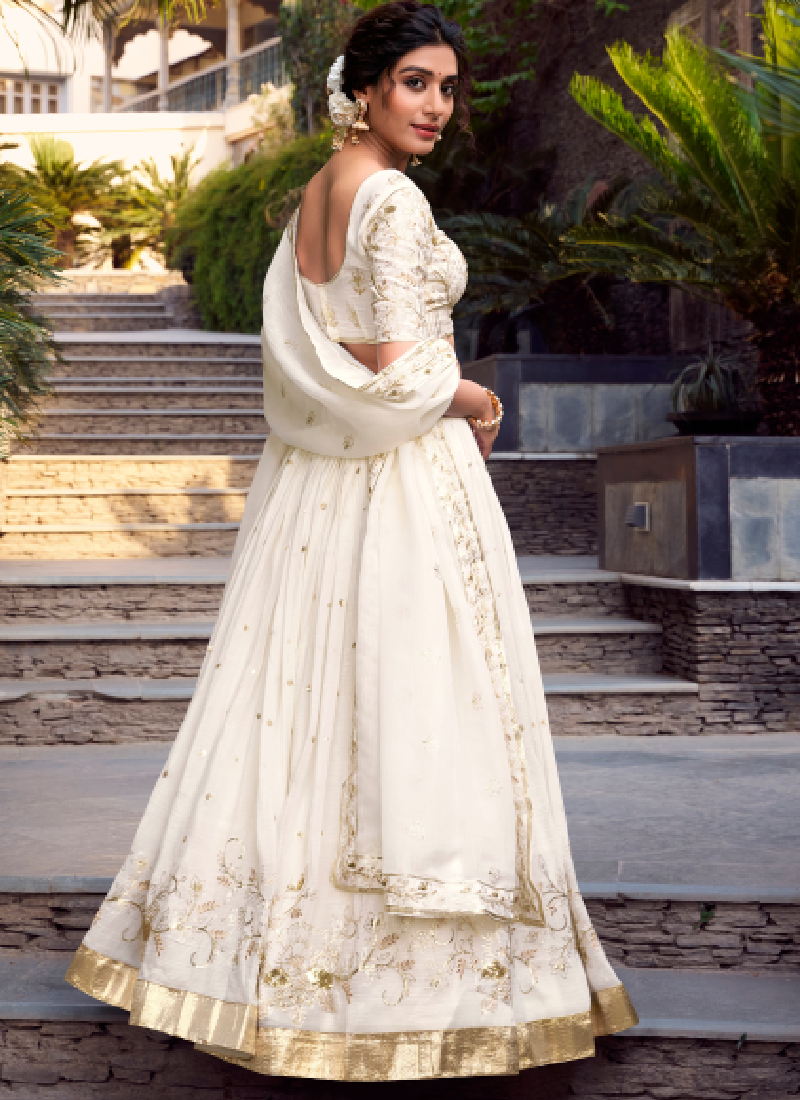 Elegant Silver Glossy Sequin Embroidery White Designer Lehenga Choli