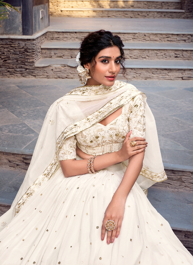 Elegant Silver Glossy Sequin Embroidery White Designer Lehenga Choli