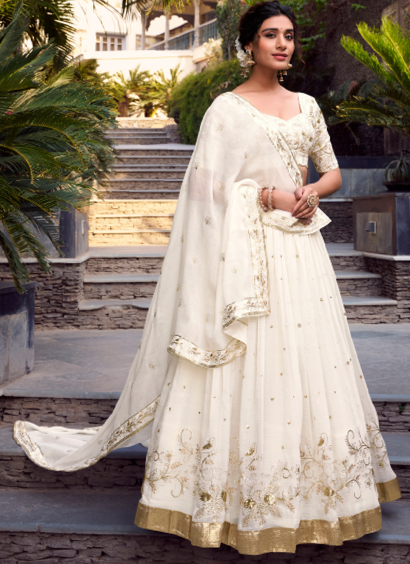 Elegant Silver Glossy Sequin Embroidery White Designer Lehenga Choli