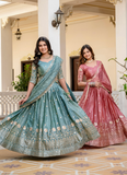 Elegant Sky Blue Gold Crush Zari Embroidered Wedding Lehenga Choli