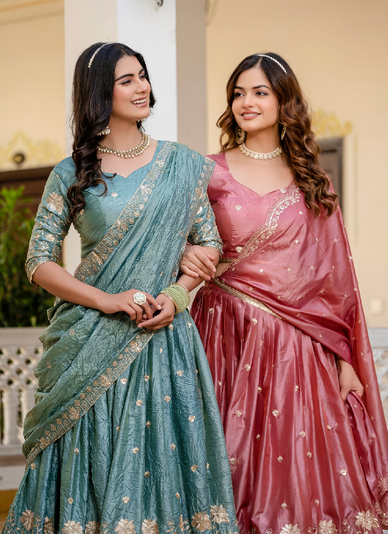 Elegant Sky Blue Gold Crush Zari Embroidered Wedding Lehenga Choli