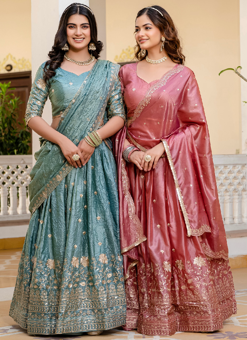 Elegant Sky Blue Gold Crush Zari Embroidered Wedding Lehenga Choli