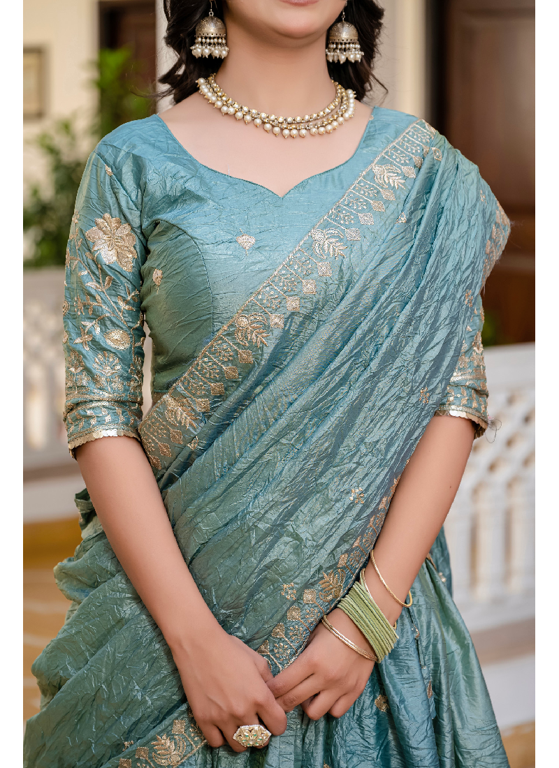 Elegant Sky Blue Gold Crush Zari Embroidered Wedding Lehenga Choli