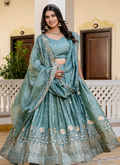 Elegant Sky Blue Gold Crush Zari Embroidered Wedding Lehenga Choli