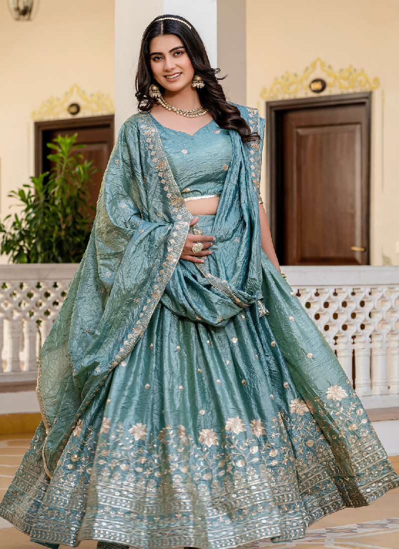 Elegant Sky Blue Gold Crush Zari Embroidered Wedding Lehenga Choli