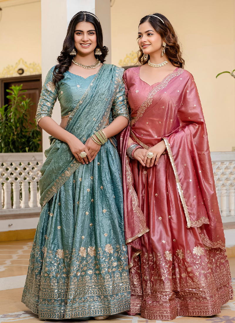 Elegant Sky Blue Gold Crush Zari Embroidered Wedding Lehenga Choli