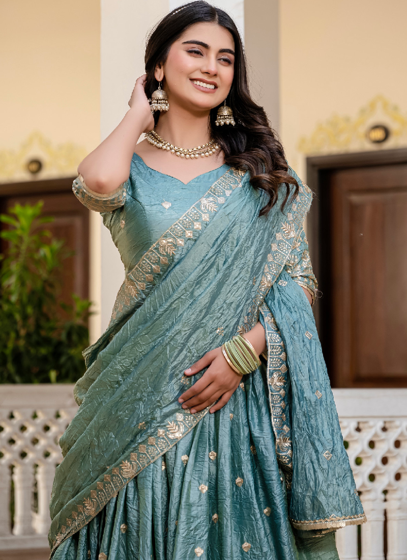 Elegant Sky Blue Gold Crush Zari Embroidered Wedding Lehenga Choli