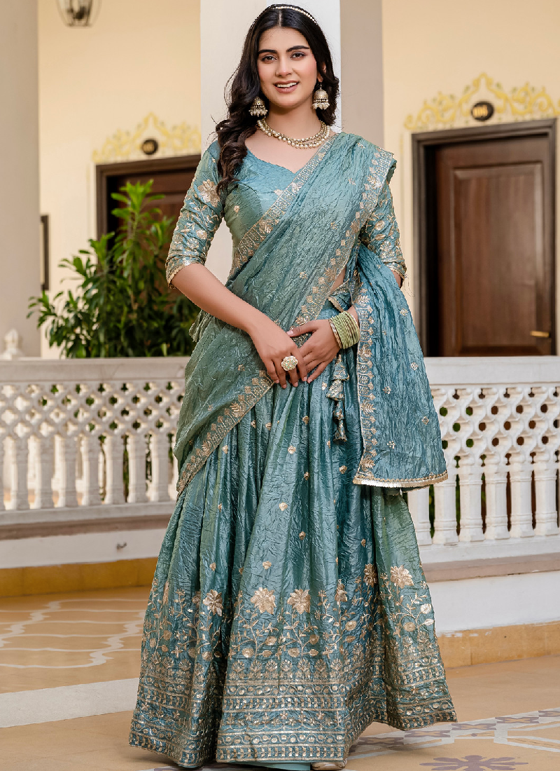 Elegant Sky Blue Gold Crush Zari Embroidered Wedding Lehenga Choli