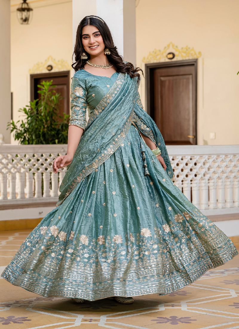 Elegant Sky Blue Gold Crush Zari Embroidered Wedding Lehenga Choli