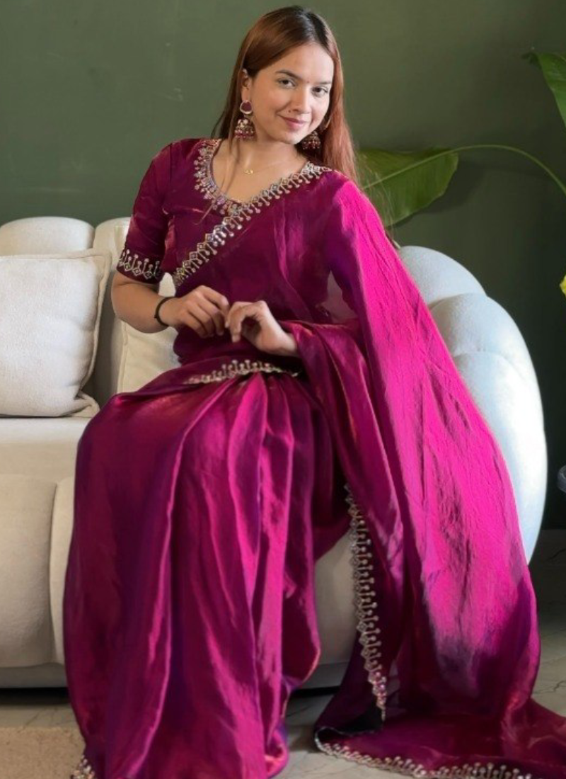 Elegant Wine Zarkan Diamond Work Silk Party Wear Saree