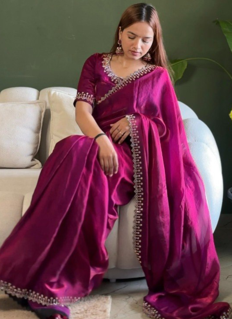 Elegant Wine Zarkan Diamond Work Silk Party Wear Saree
