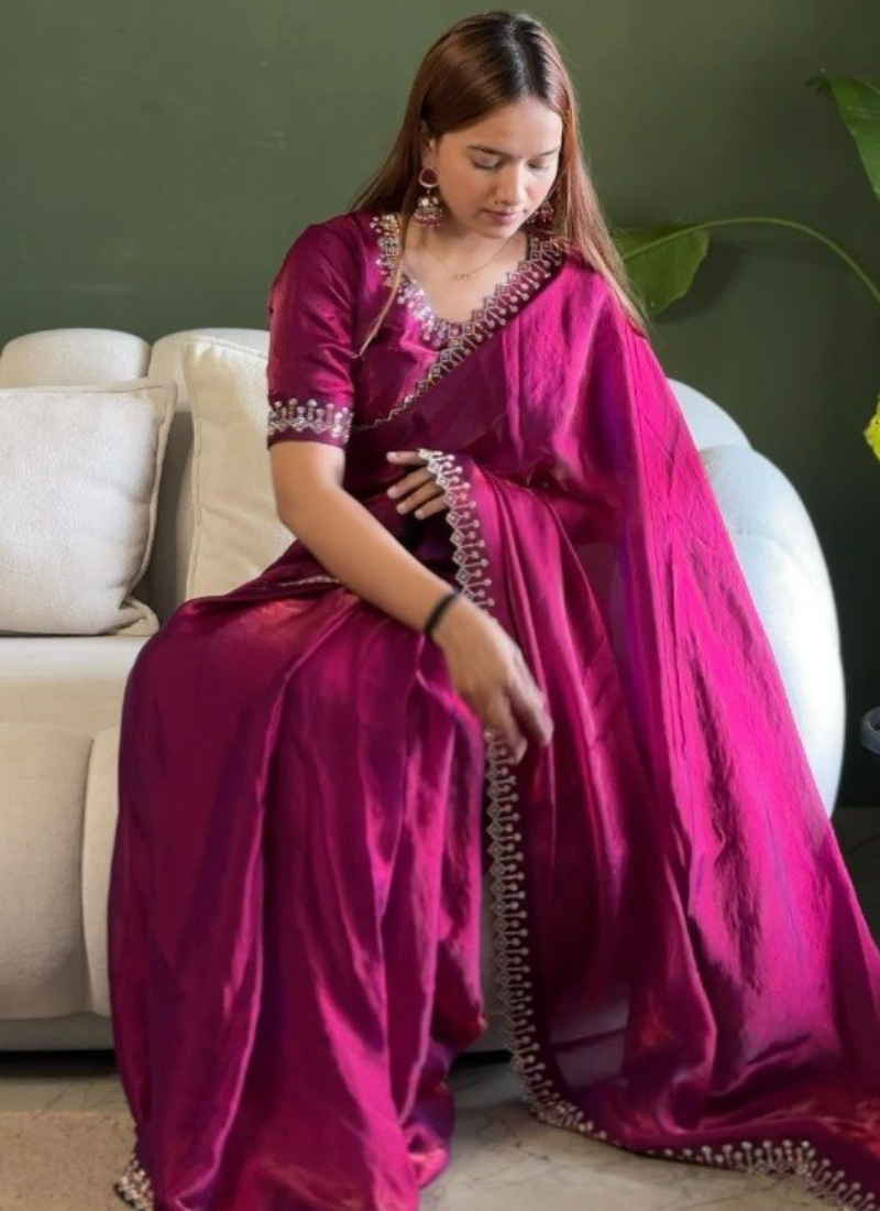 Elegant Wine Zarkan Diamond Work Silk Party Wear Saree