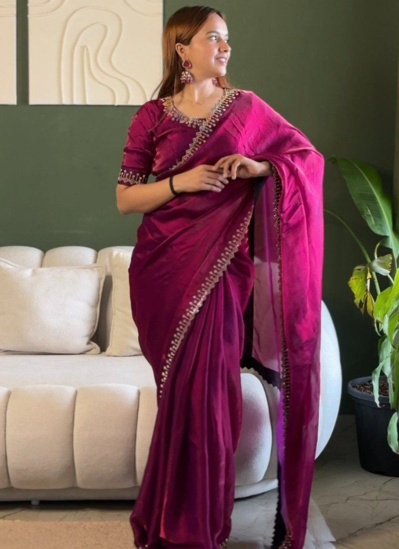 Elegant Wine Zarkan Diamond Work Silk Party Wear Saree