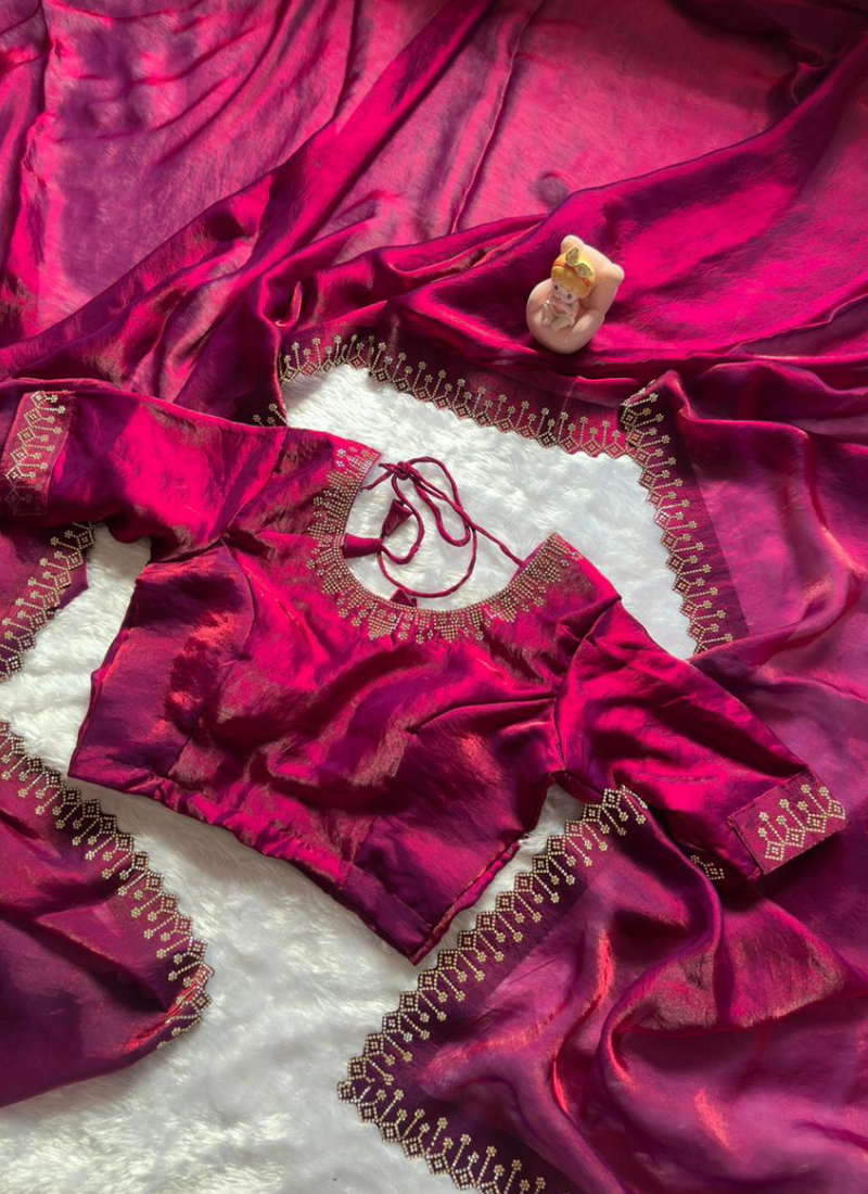 Elegant Wine Zarkan Diamond Work Silk Party Wear Saree