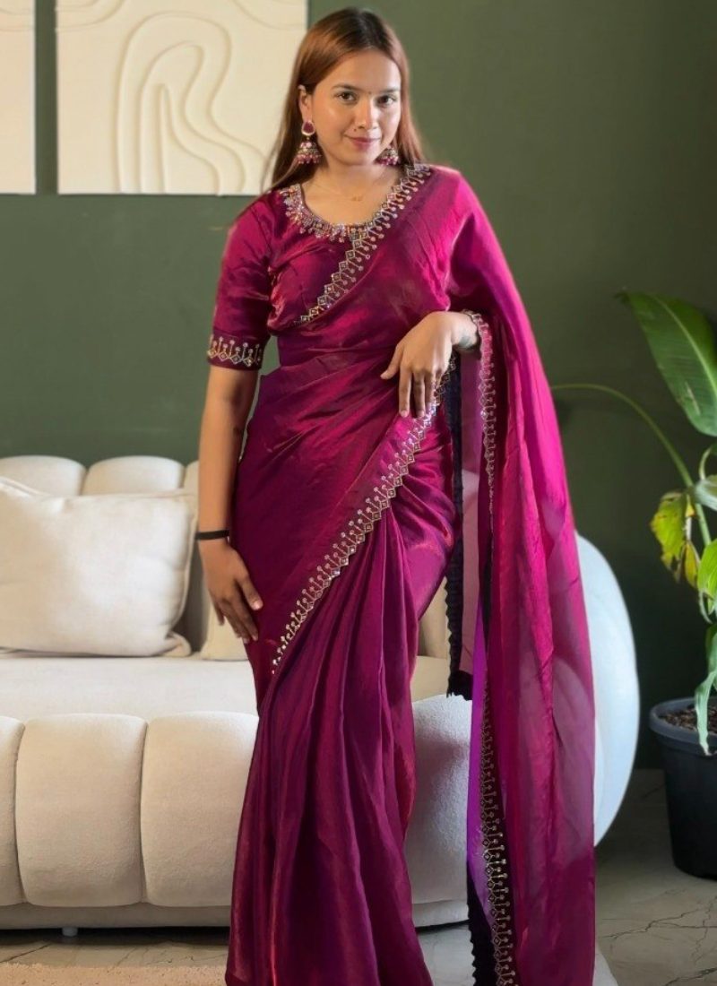 Elegant Wine Zarkan Diamond Work Silk Party Wear Saree