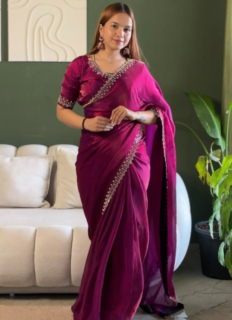 Elegant Wine Zarkan Diamond Work Silk Party Wear Saree